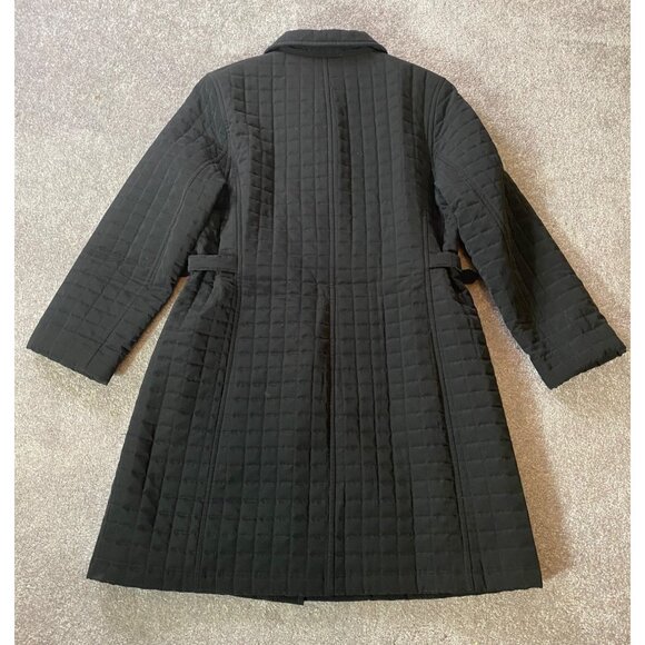 Gallery Quilted Black Jacket 36" Long Coat Belted Waist Medium - Picture 2 of 13